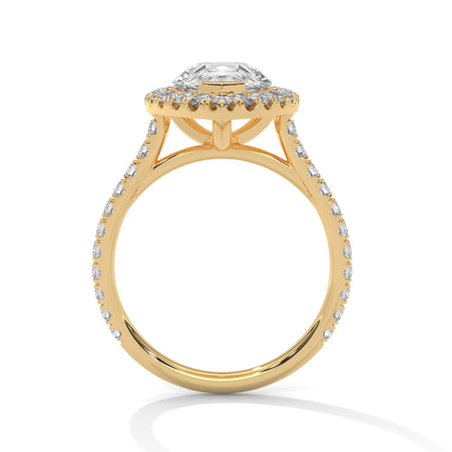 Pear cut bezel-edge floating halo engagement ring in yellow gold, side profile view highlighting open cathedral columns and comfort-fit band