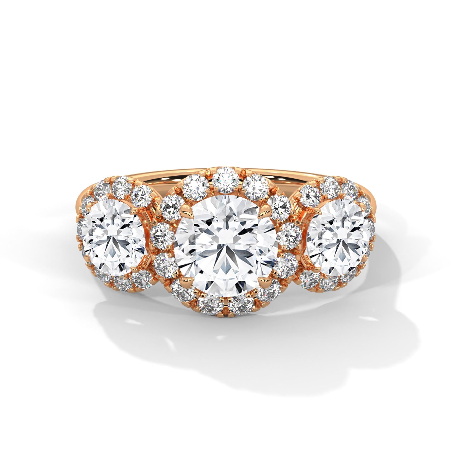 1 to 3 carat three-stone round lab diamond halo ring in rose gold