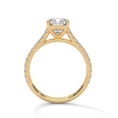 Yellow gold cushion cathedral ring with light-optimizing high-profile setting
