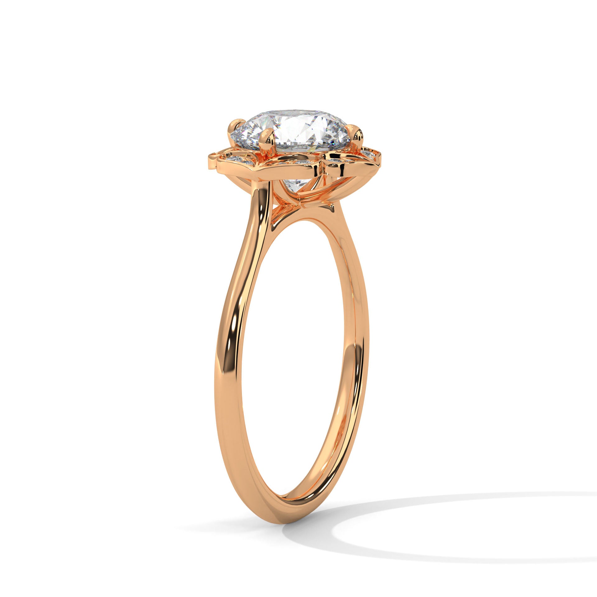 Perspective shot of a round diamond floral halo ring in high-polish rose gold.