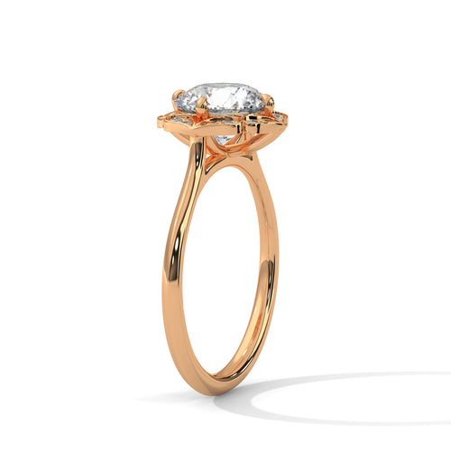 Perspective shot of a round diamond floral halo ring in high-polish rose gold.