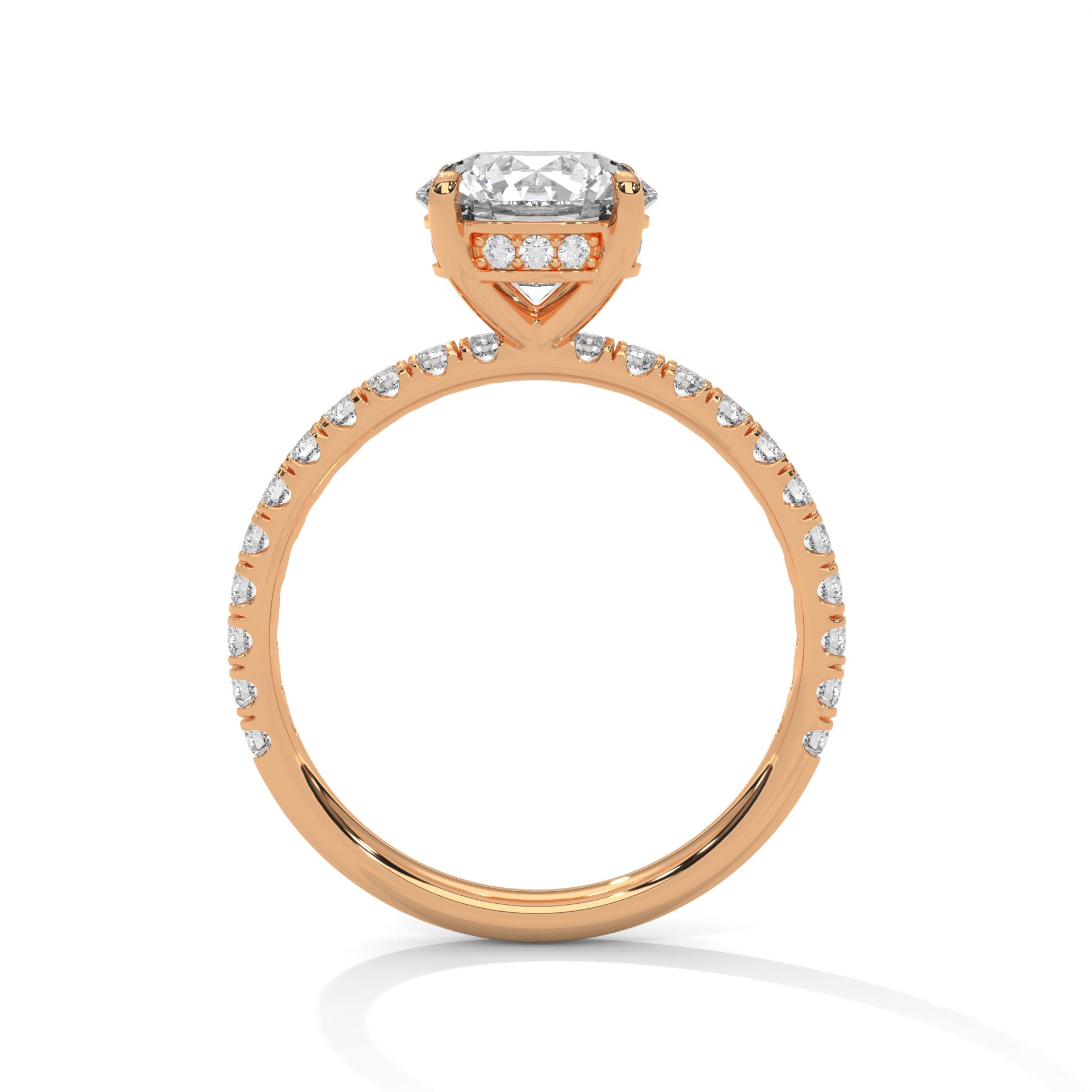 Round brilliant hidden halo pavé engagement ring in rose gold, angled view