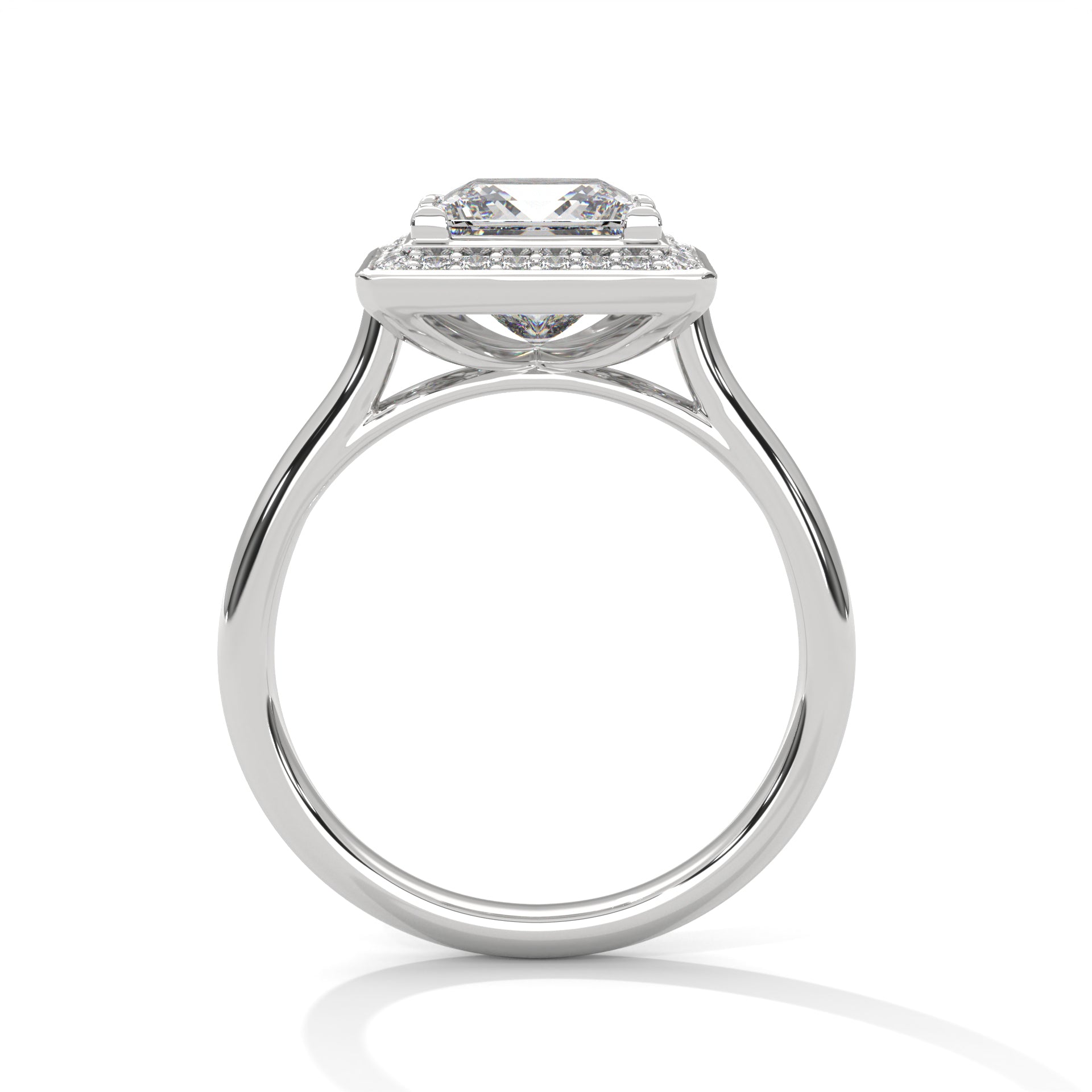 Princess cut elevated square halo engagement ring in white gold, front-facing view showing square halo and corner prongs