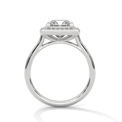 Princess cut elevated square halo engagement ring in white gold, front-facing view showing square halo and corner prongs