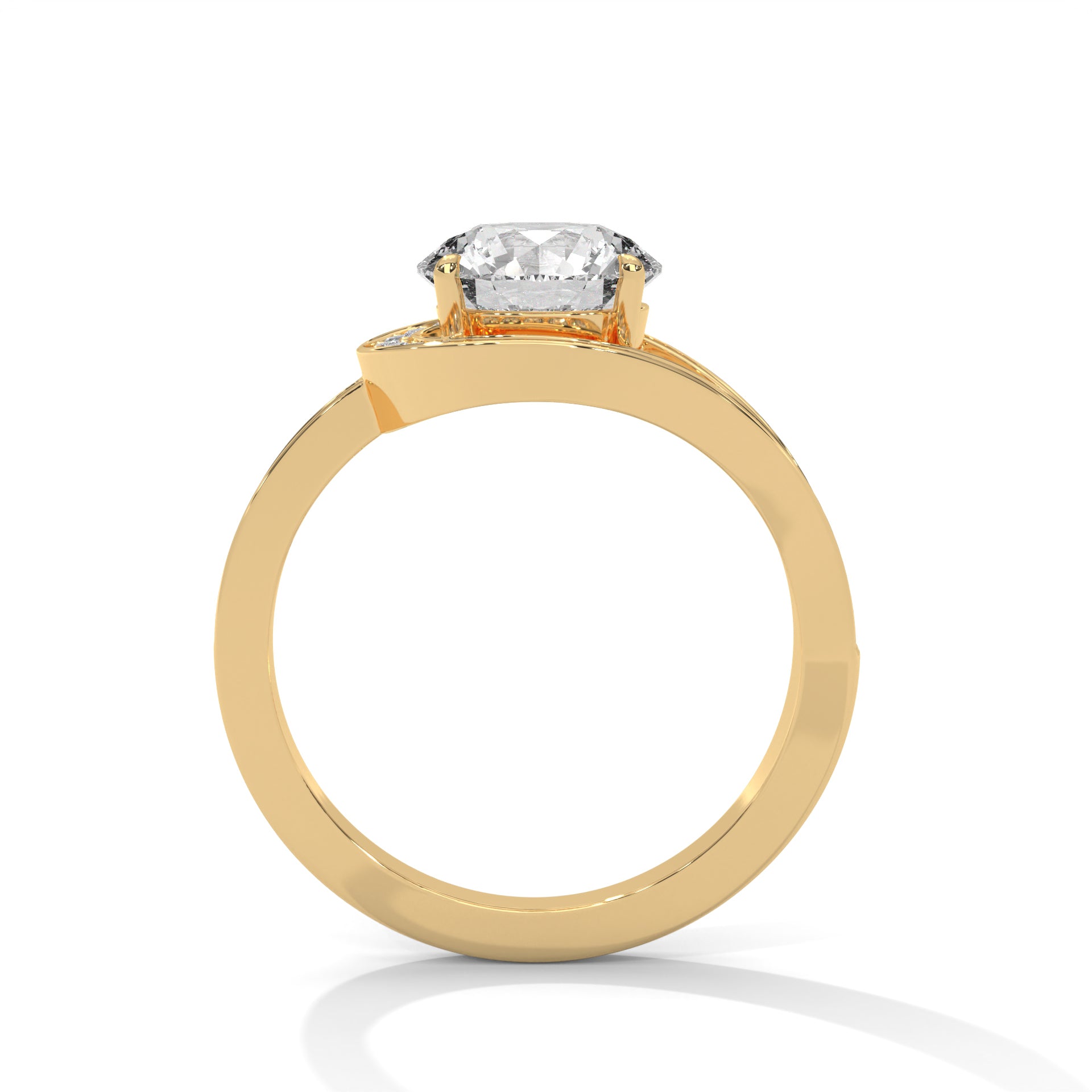 Round brilliant bypass split halo engagement ring in yellow gold, front view showing round center stone and bypass split halo setting