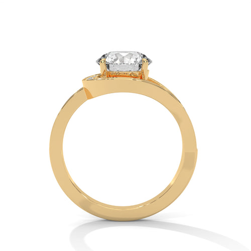Round brilliant bypass split halo engagement ring in yellow gold, front view showing round center stone and bypass split halo setting