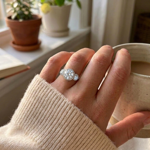 Three-Stone Round Lab Grown Diamond Triple Halo Ring | E VS1 | 14K 18K Gold