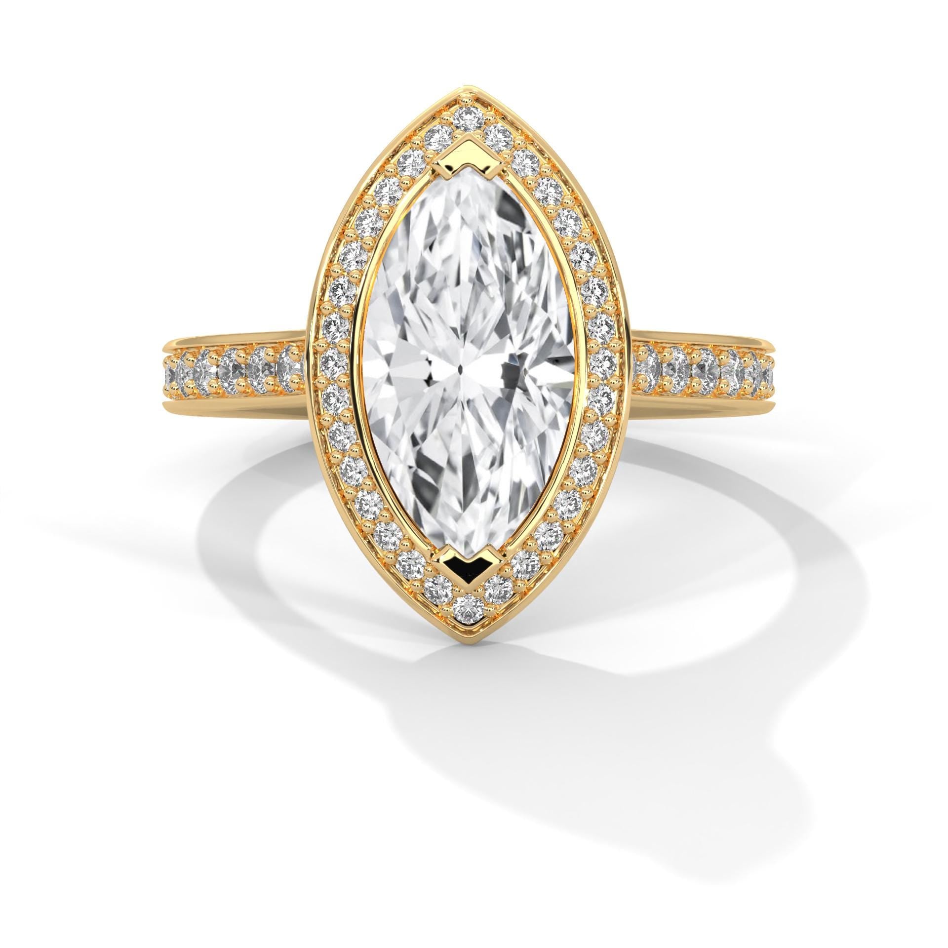 Colorless marquise cut lab diamond halo ring in yellow gold