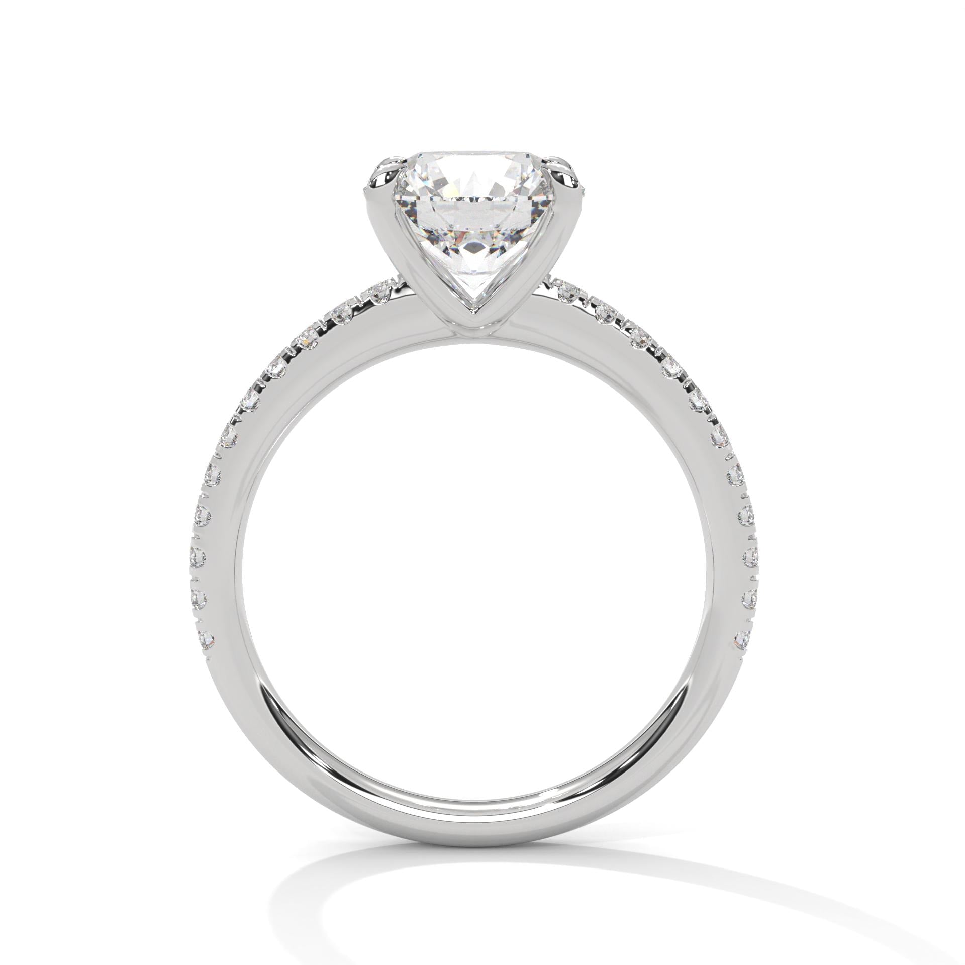 White gold round engagement ring with a shimmering pave diamond shank