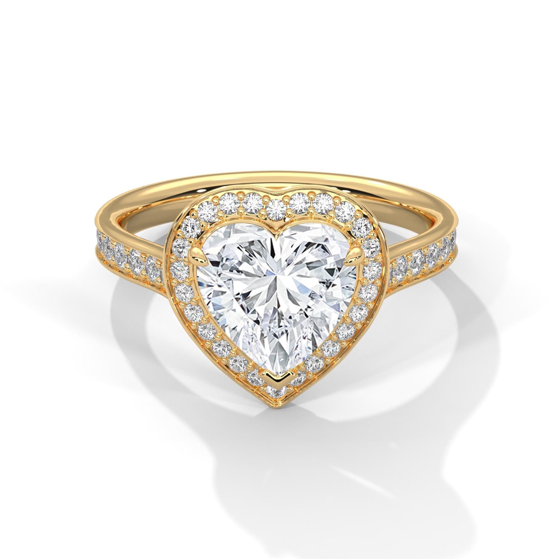 Heart cut lab grown diamond halo cathedral ring with pavé band in yellow gold