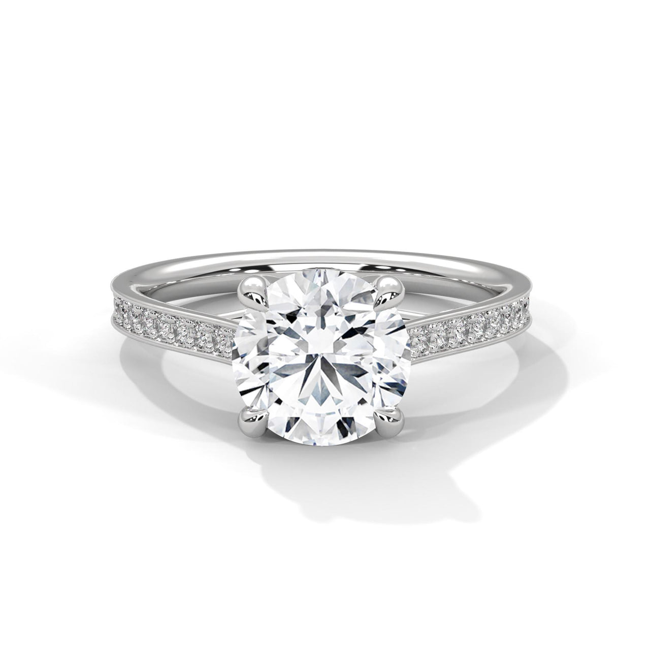 Colorless round cut lab diamond pave cathedral solitaire ring in white gold