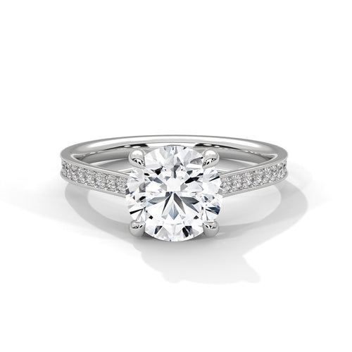 Colorless round cut lab diamond pave cathedral solitaire ring in white gold
