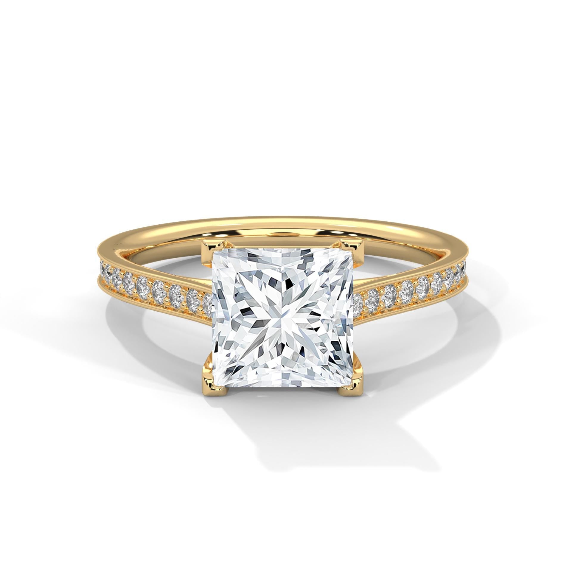 Princess cut lab grown diamond pave cathedral ring in yellow gold