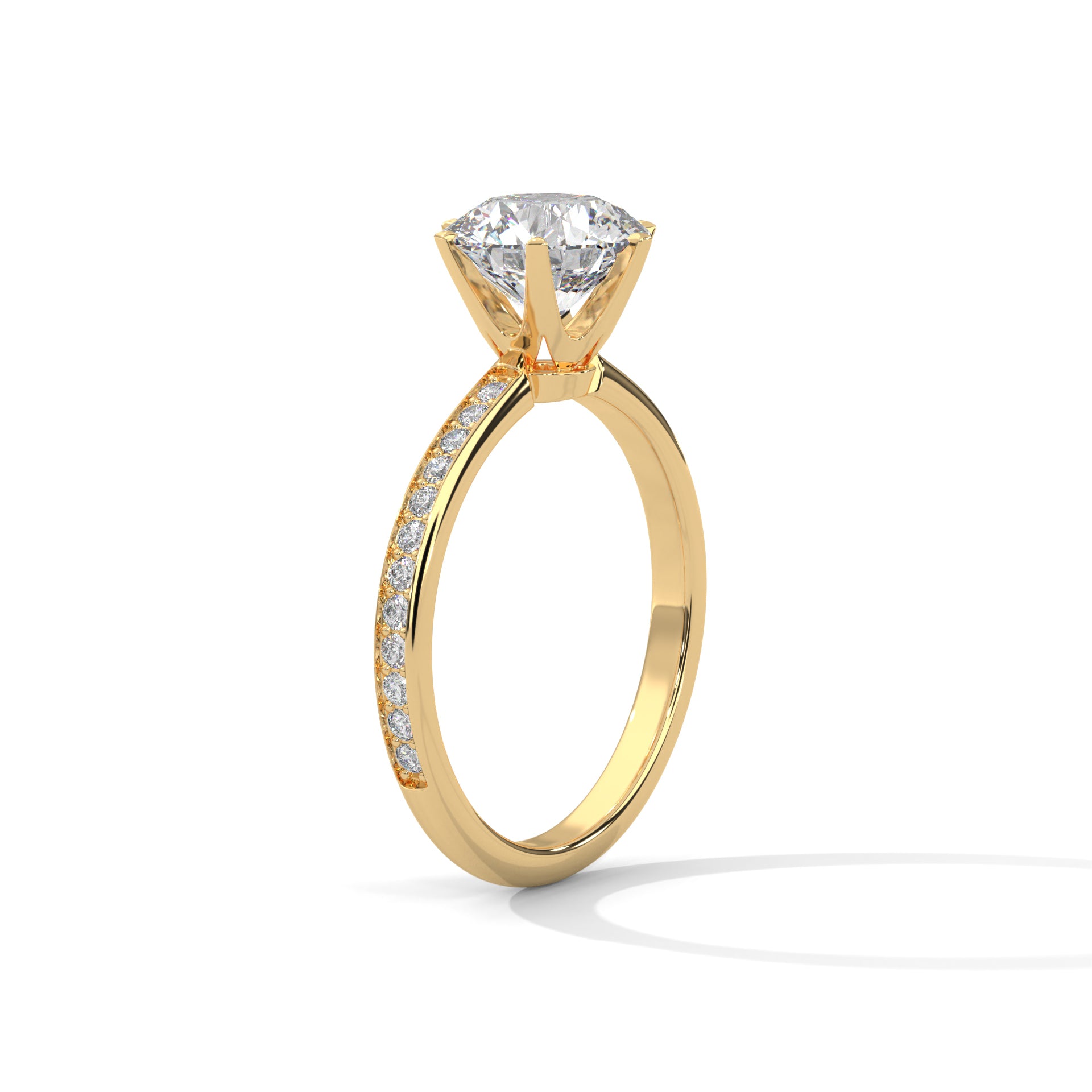 Underside view of yellow gold 6-prong mount for round brilliant diamond