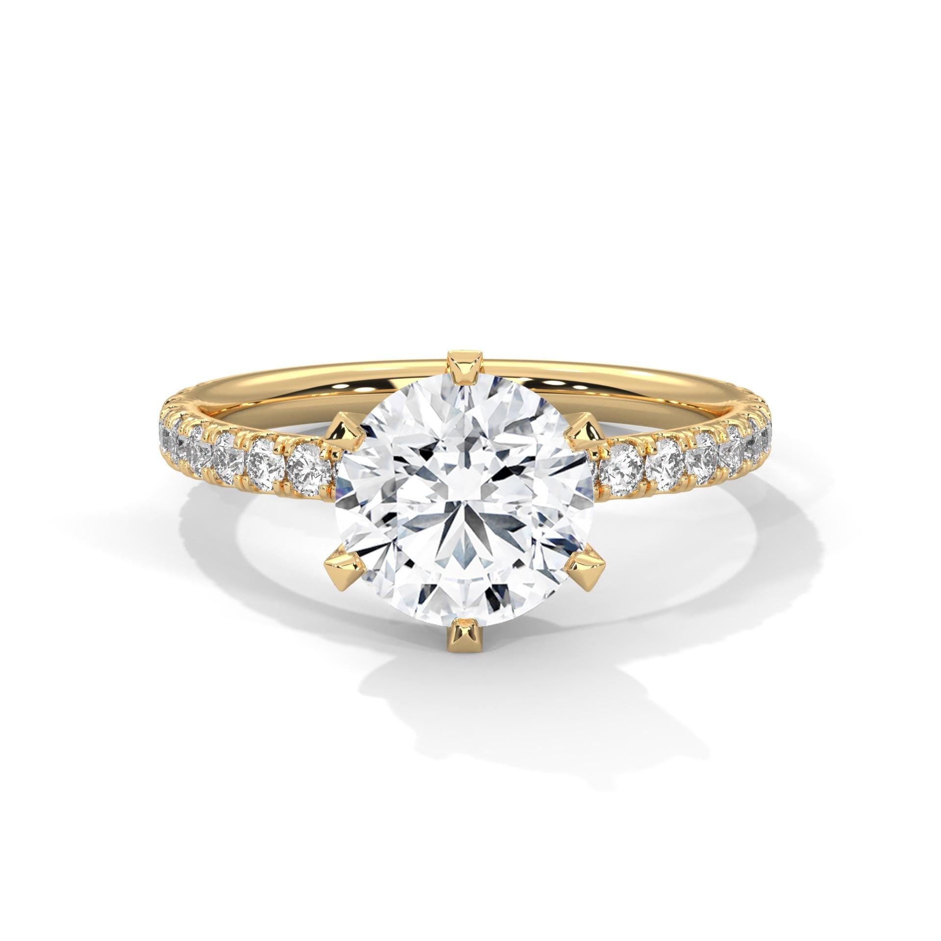 Colorless round cut lab diamond 6-prong pave cathedral ring in yellow gold