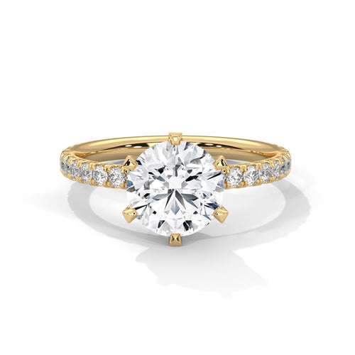 Colorless round cut lab diamond 6-prong pave cathedral ring in yellow gold