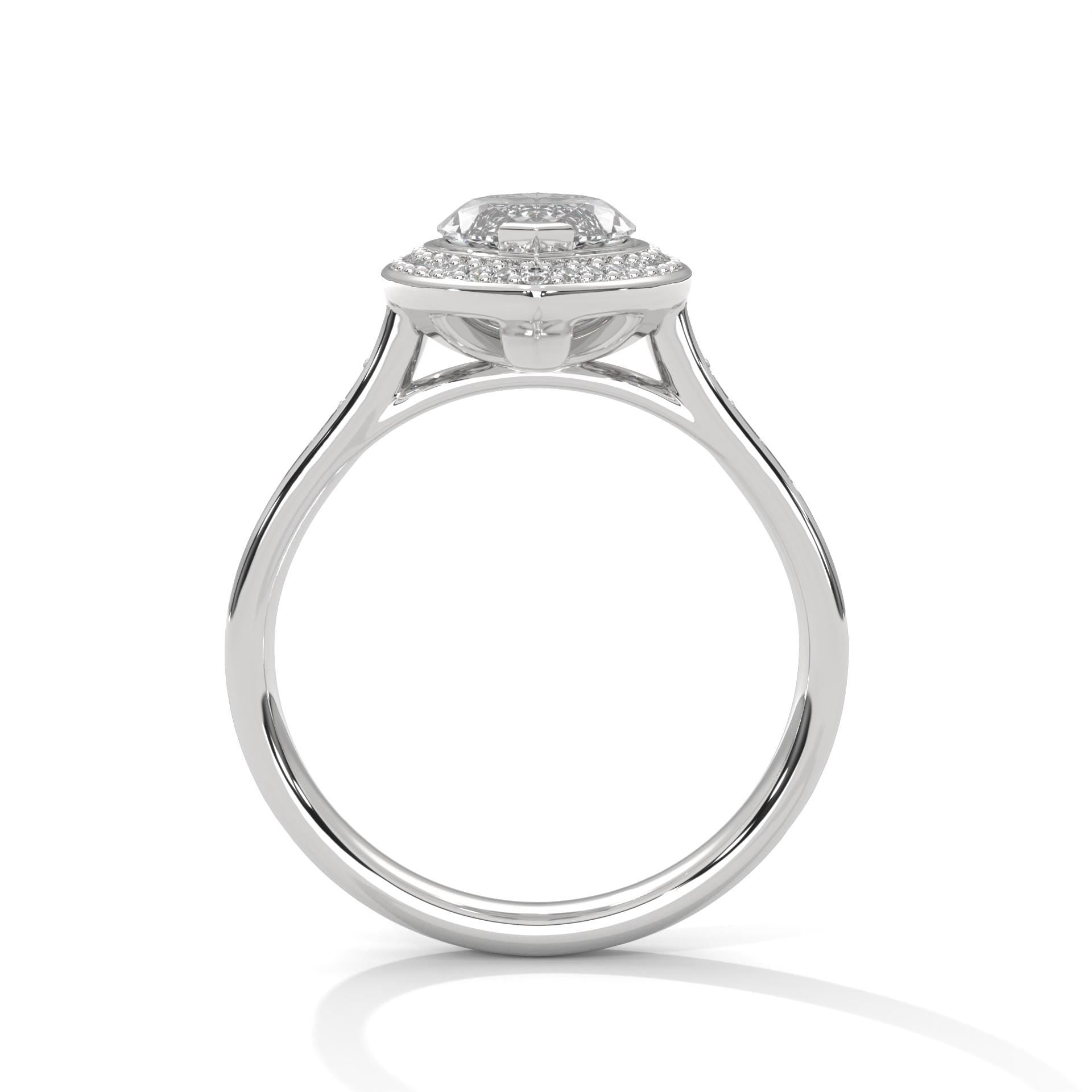 Side view of white gold marquise halo ring showing secure 6-prong mount
