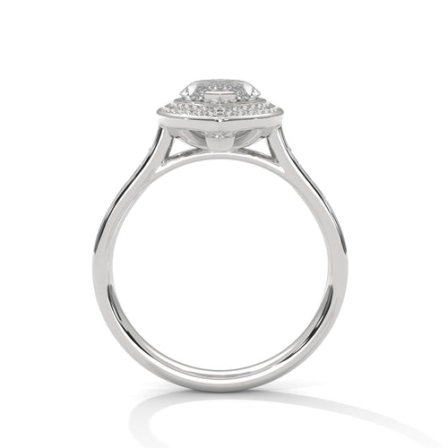 Side view of white gold marquise halo ring showing secure 6-prong mount