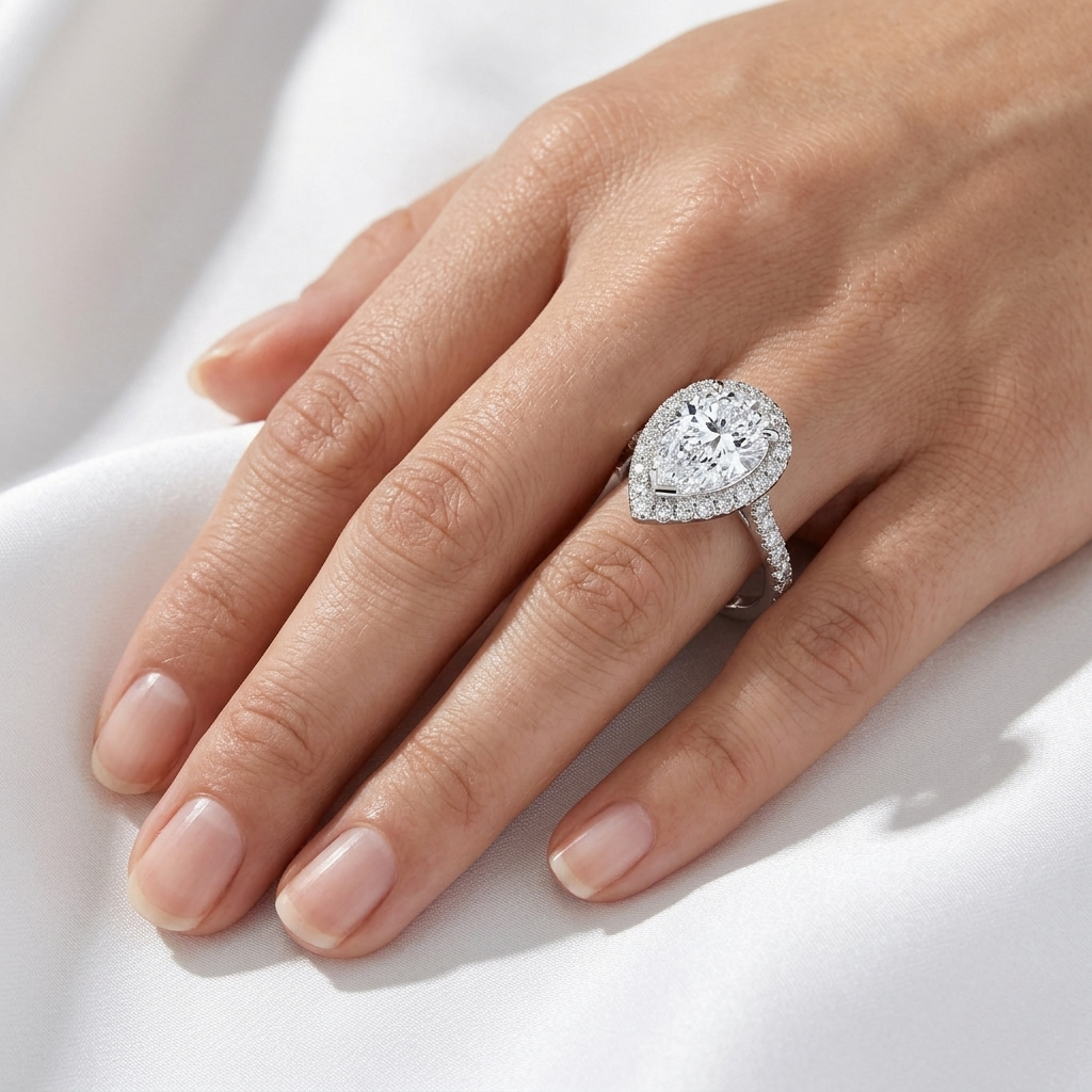 Pear cut bezel-edge floating halo engagement ring in white gold worn on hand, close-up finger view