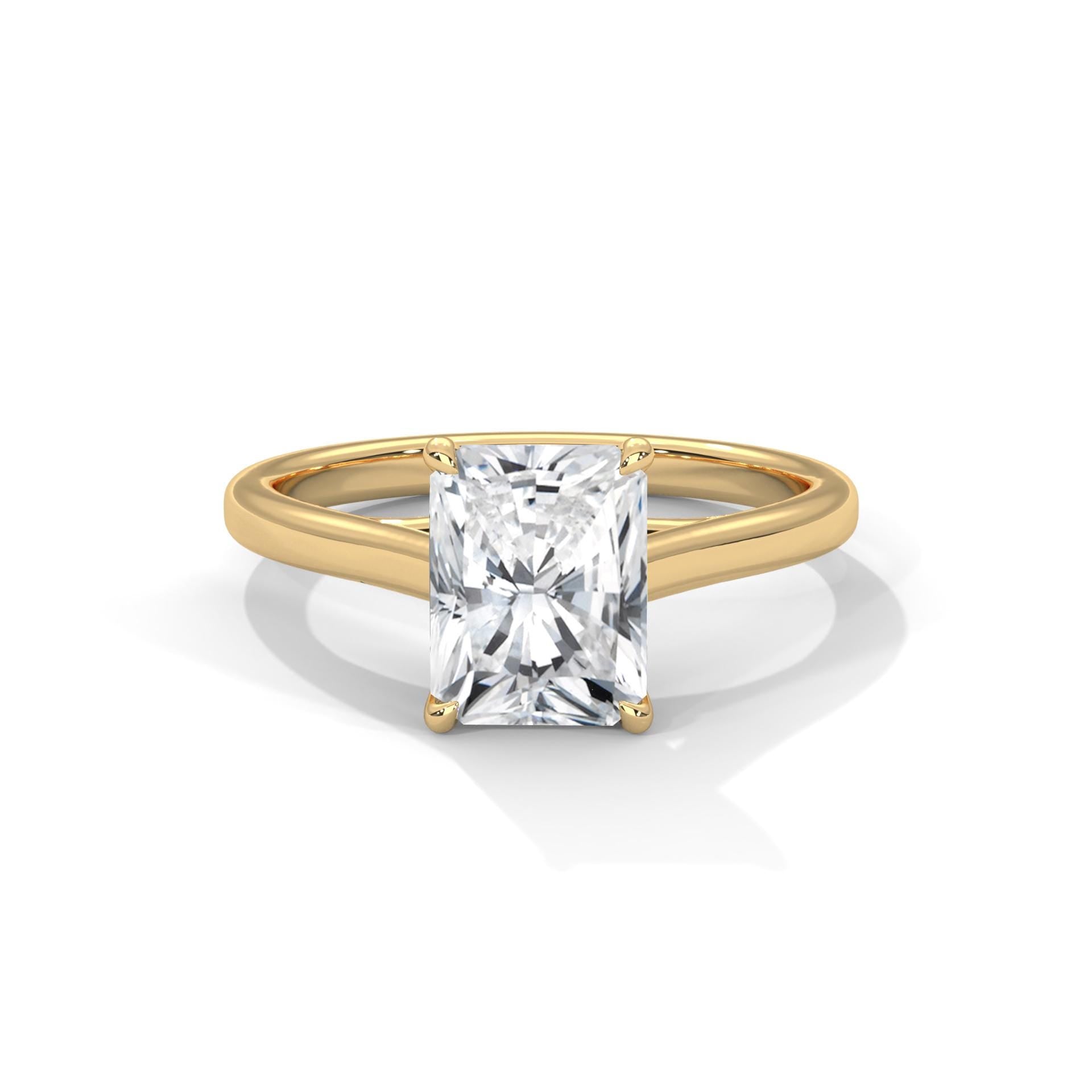 Radiant cut lab grown diamond solitaire in solid 18K yellow gold
