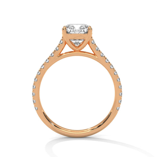 Side view of rose gold cushion ring showing architectural cathedral arches and pave shank