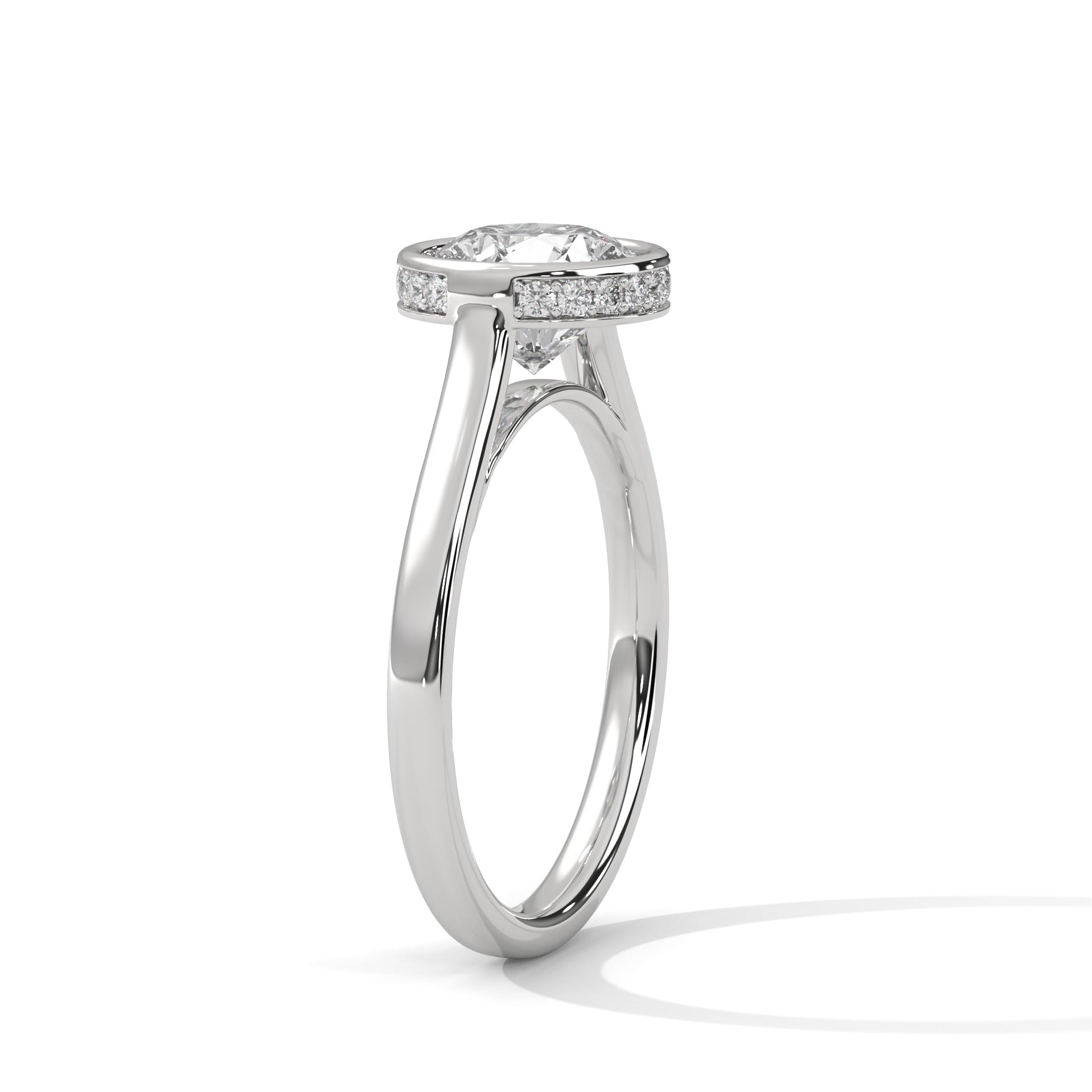 Perspective shot highlighting the high-polish tapered white gold band and the clean metal border framing the center stone.