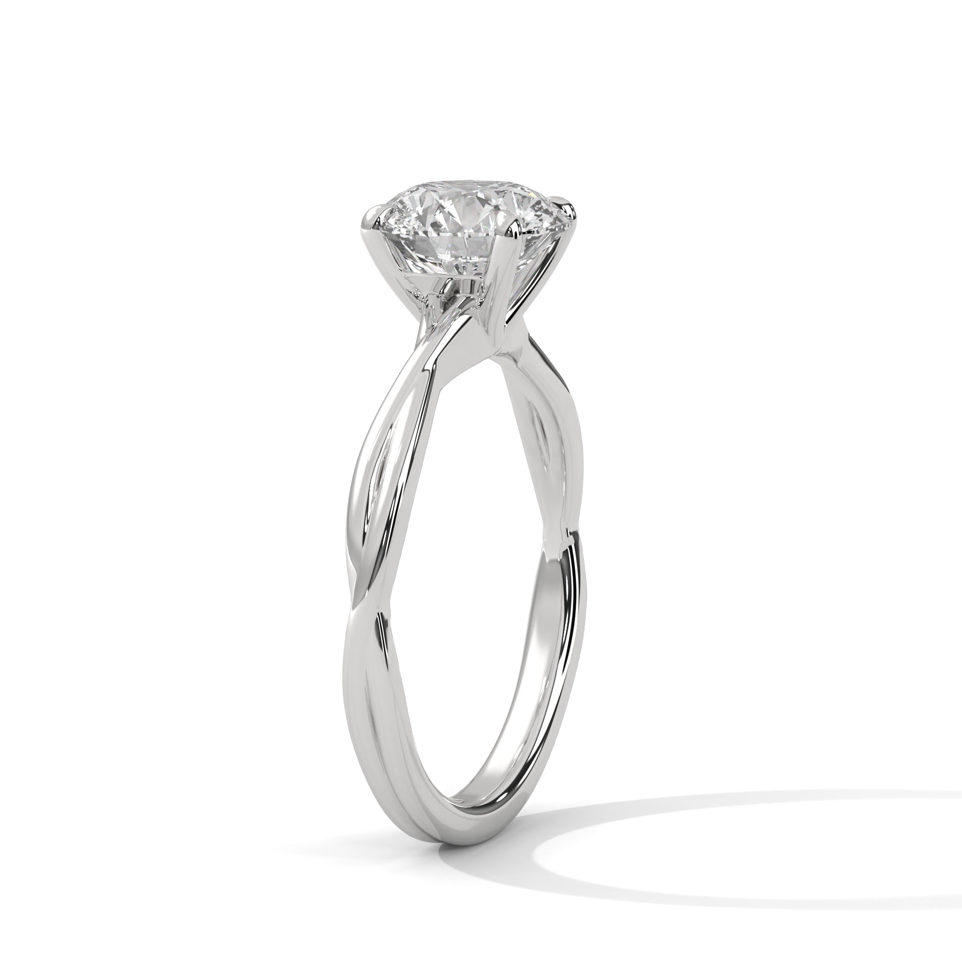 Perspective shot highlighting the intertwined rope texture of the white gold band and the center diamond.