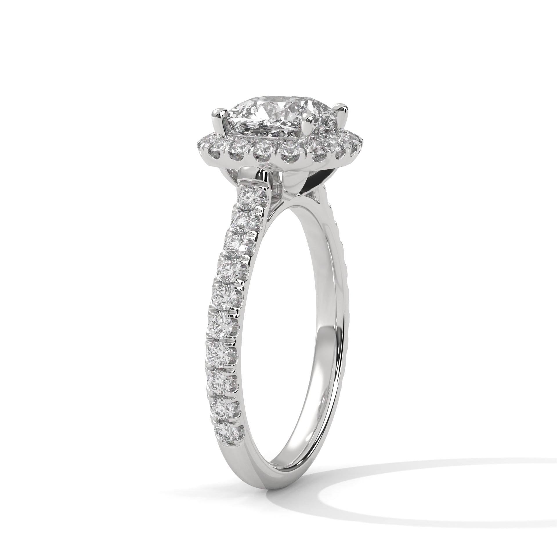 Perspective shot showing the crisp triangular ridge of the white gold knife-edge band and the prominent radiant diamond.