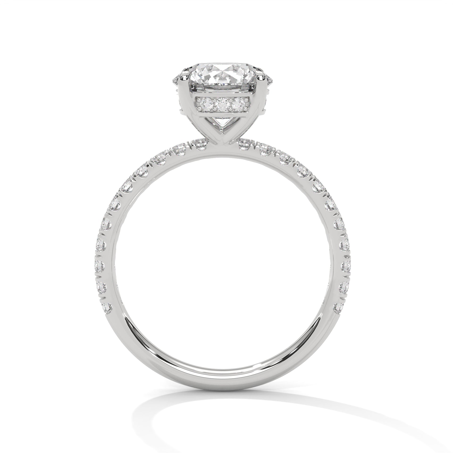 Round brilliant solitaire engagement ring with hidden halo pavé, front-facing view