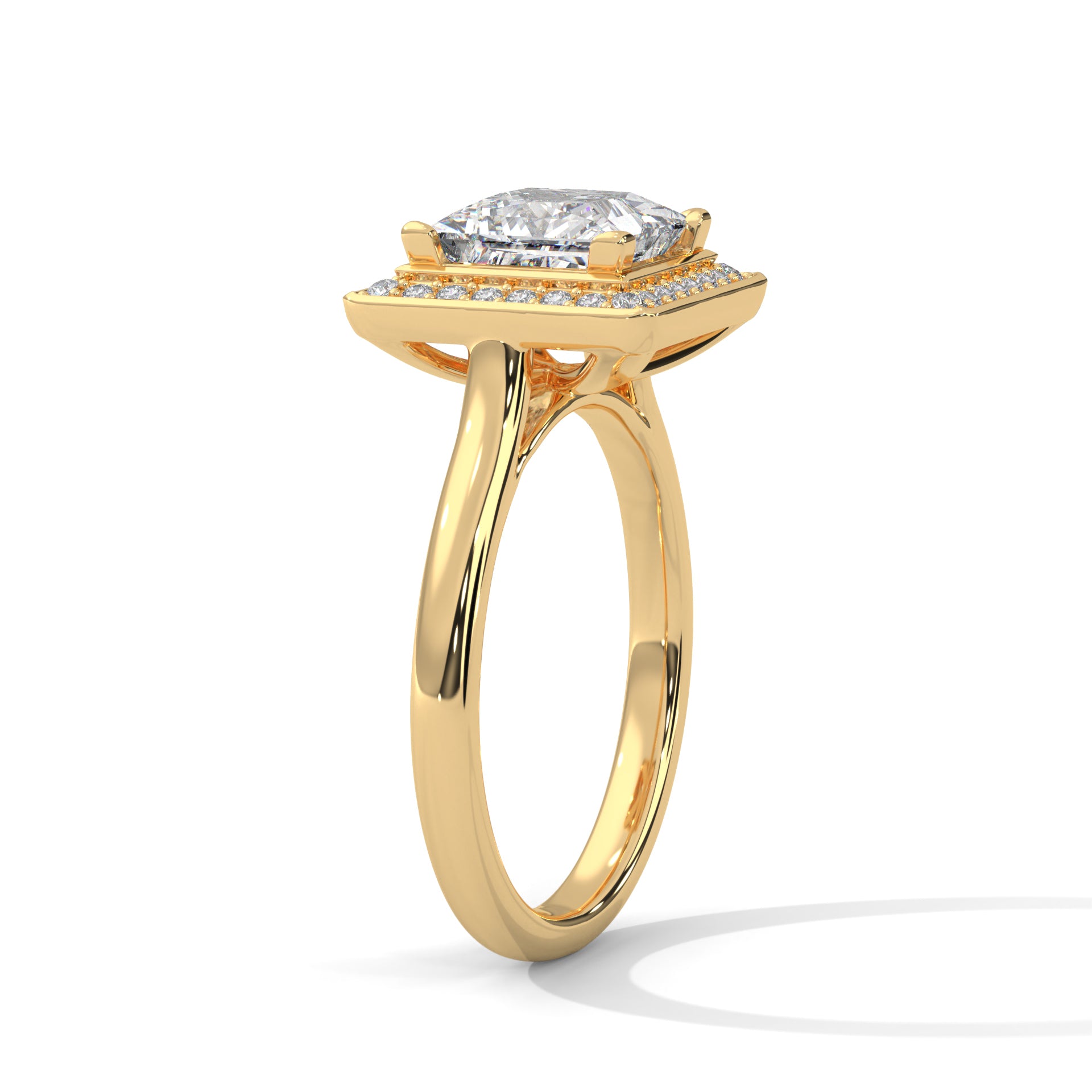 Princess cut elevated square halo engagement ring in yellow gold, side profile view highlighting elevated crown and plain band