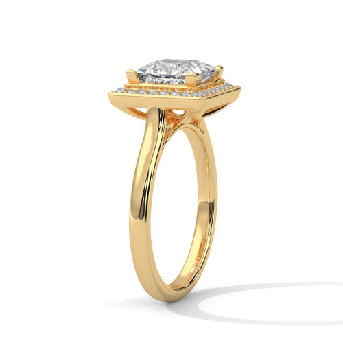 Princess cut elevated square halo engagement ring in yellow gold, side profile view highlighting elevated crown and plain band