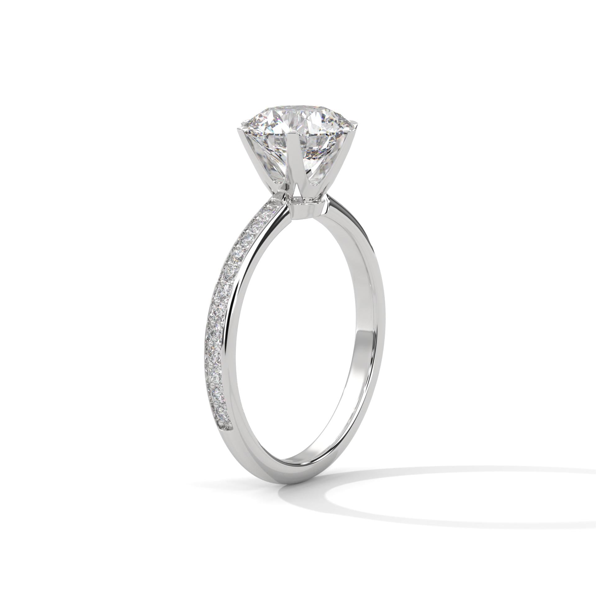 Architectural white gold 6-prong pave setting for round brilliant lab diamond