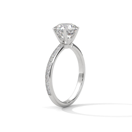 Architectural white gold 6-prong pave setting for round brilliant lab diamond