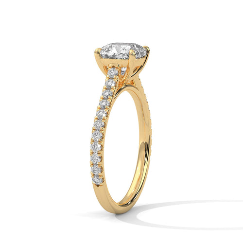 Elevated yellow gold cathedral arches for cushion cut lab created diamond