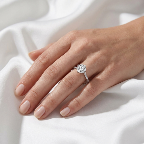 Round Pavé Solitaire Lab Grown Diamond Ring | E VS1 | 4-Prong | 14K 18K Gold