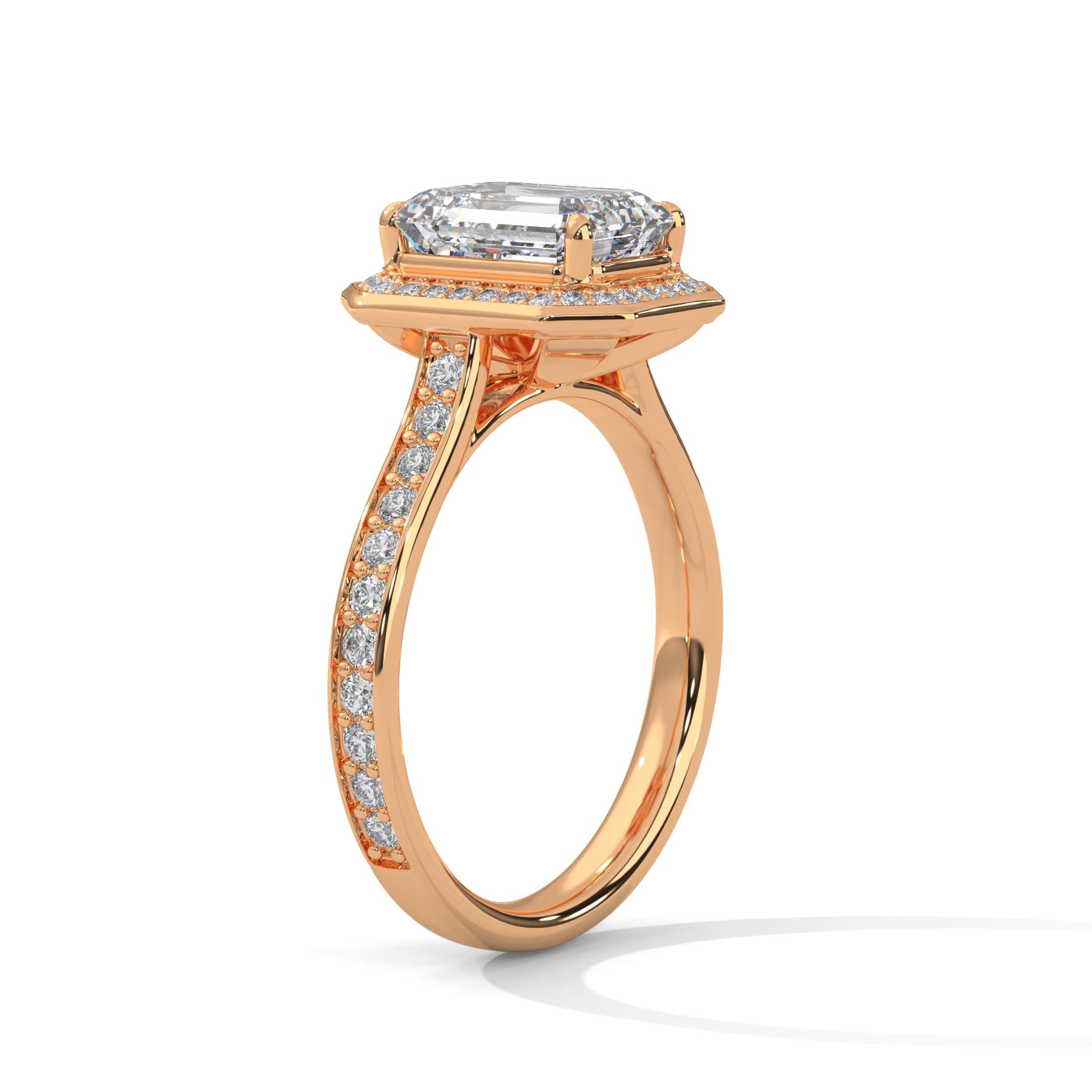 Underside view of rose gold cathedral arches for emerald brilliant diamond