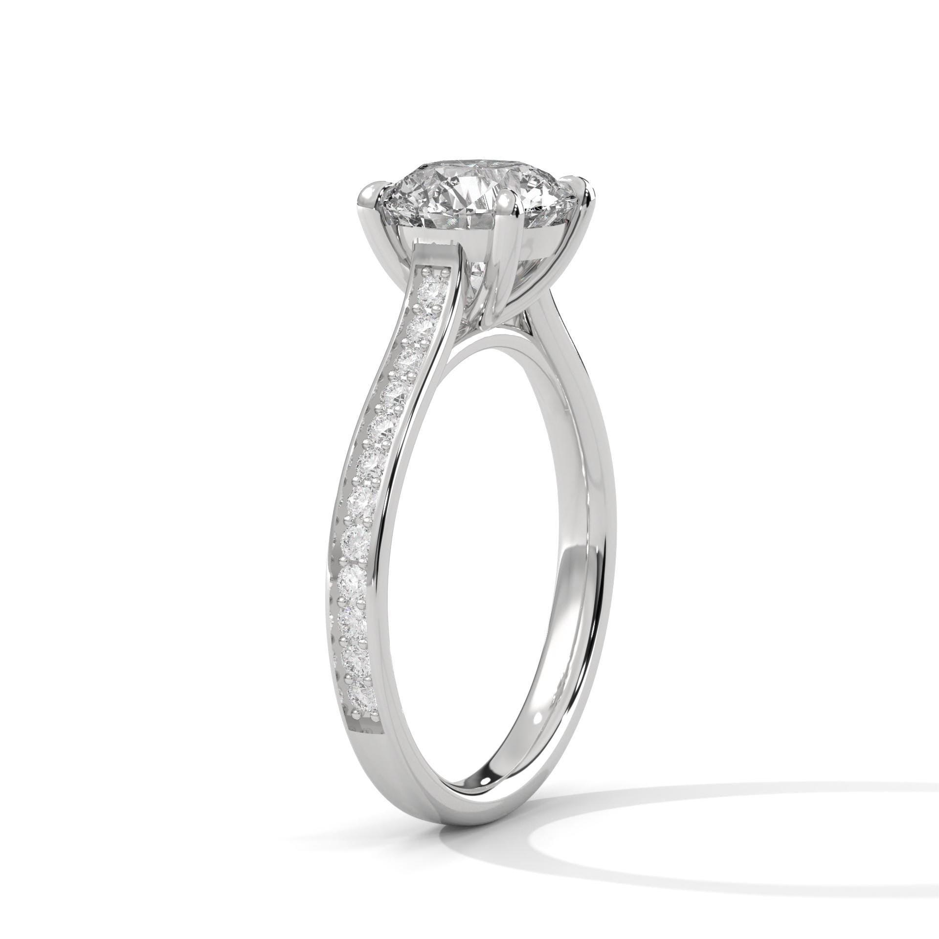Underside view of white gold cathedral mount for round brilliant diamond