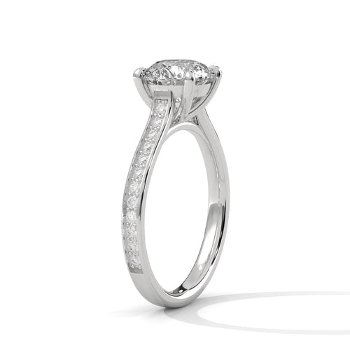 Underside view of white gold cathedral mount for round brilliant diamond