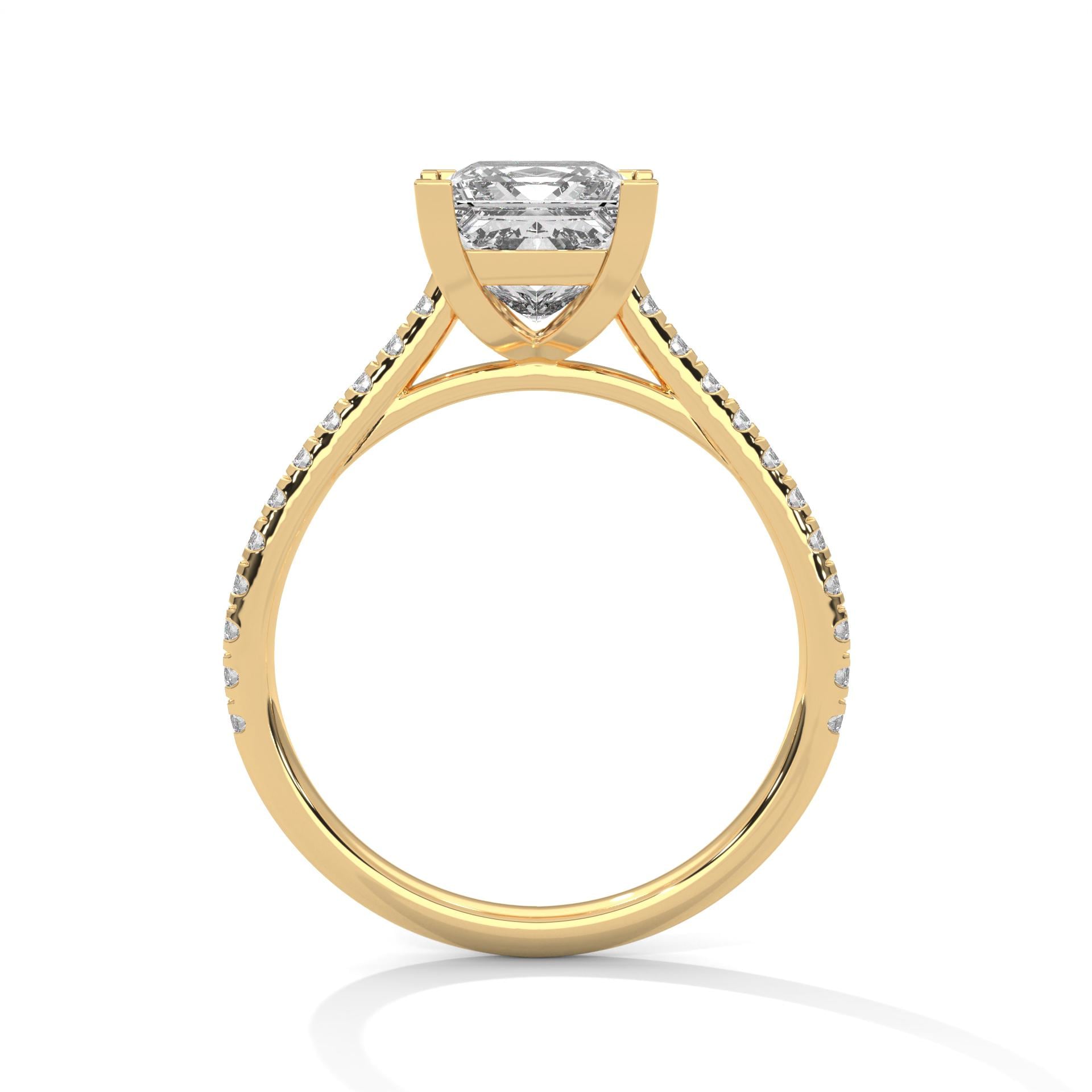Yellow gold princess pave engagement ring featuring a micro-pavé diamond shank
