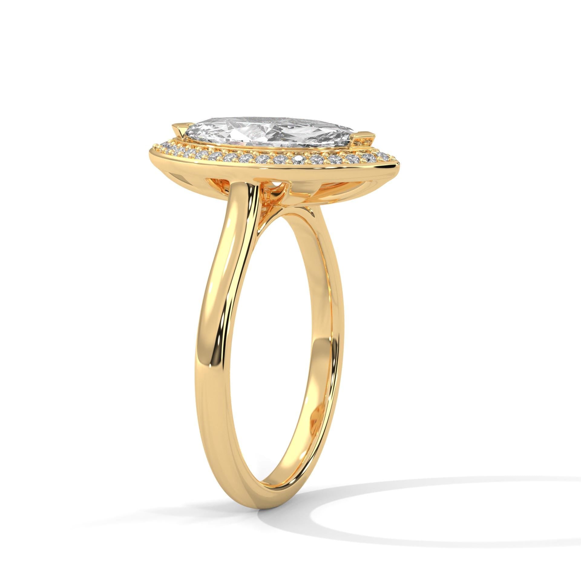 Architectural yellow gold 4-prong halo setting for marquise brilliant diamond