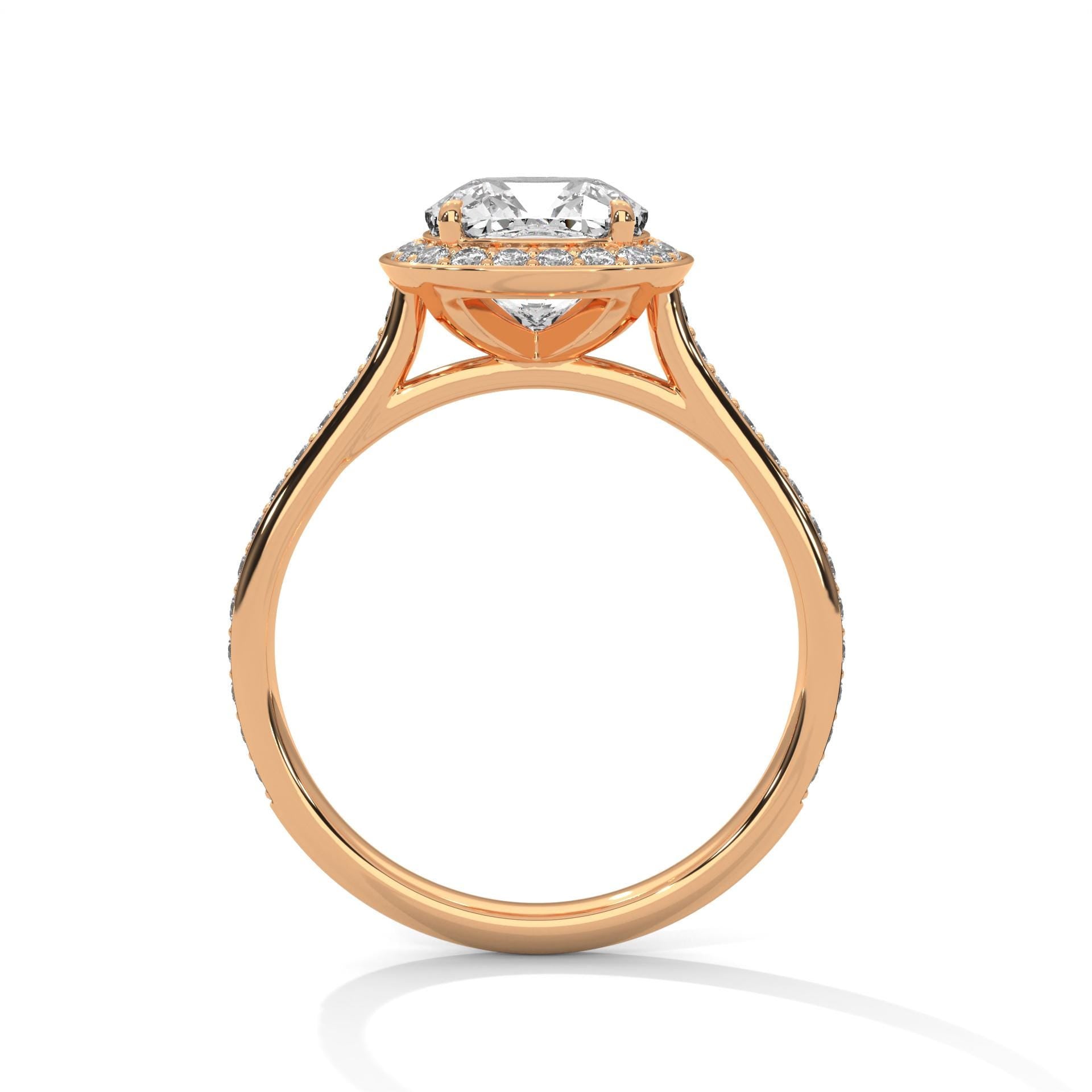 Side view of rose gold cushion halo engagement ring with pavé-set shank
