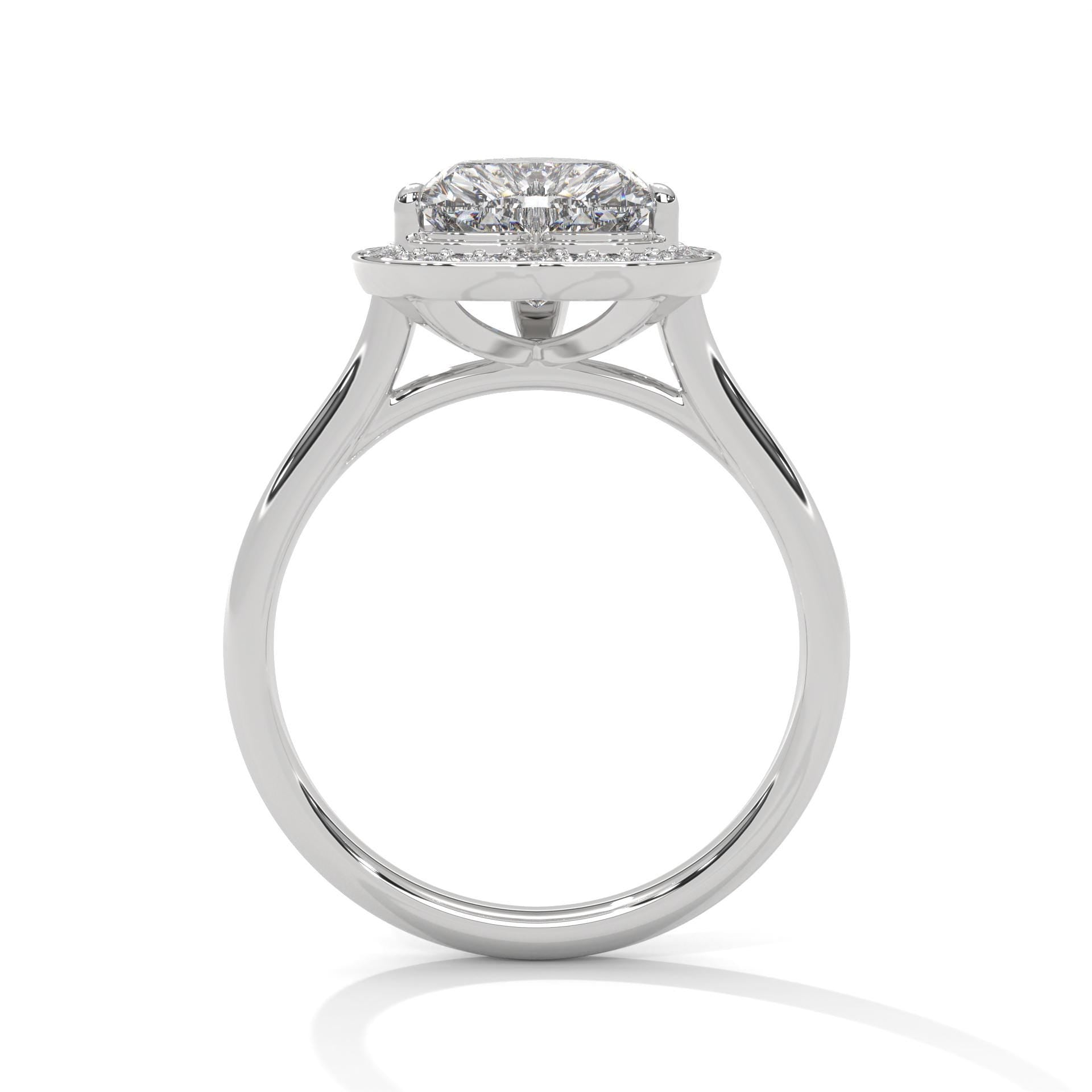 Side view of white gold heart halo ring showing architectural cathedral arches
