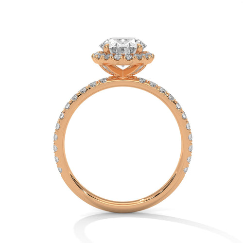 Side view of rose gold oval halo ring showing architectural 4-prong setting