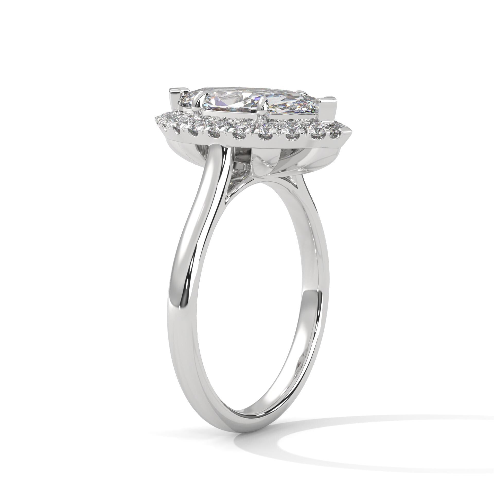 Architectural white gold halo setting for marquise lab created diamond
