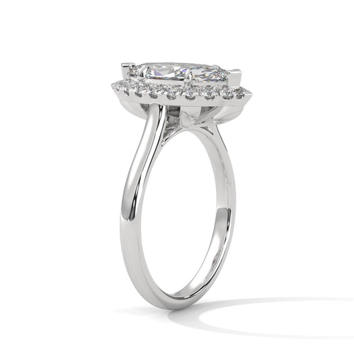 Architectural white gold halo setting for marquise lab created diamond