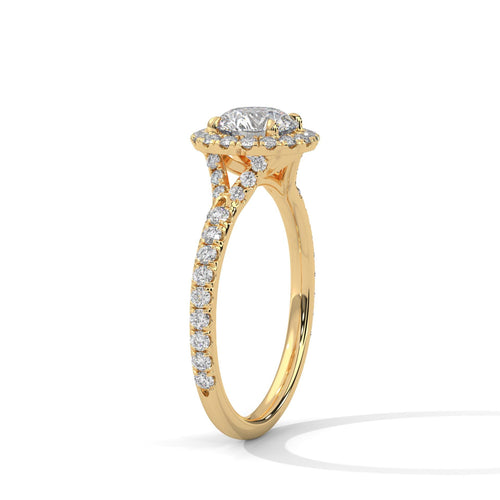 Elevated yellow gold 4-prong mount for round lab diamond halo.