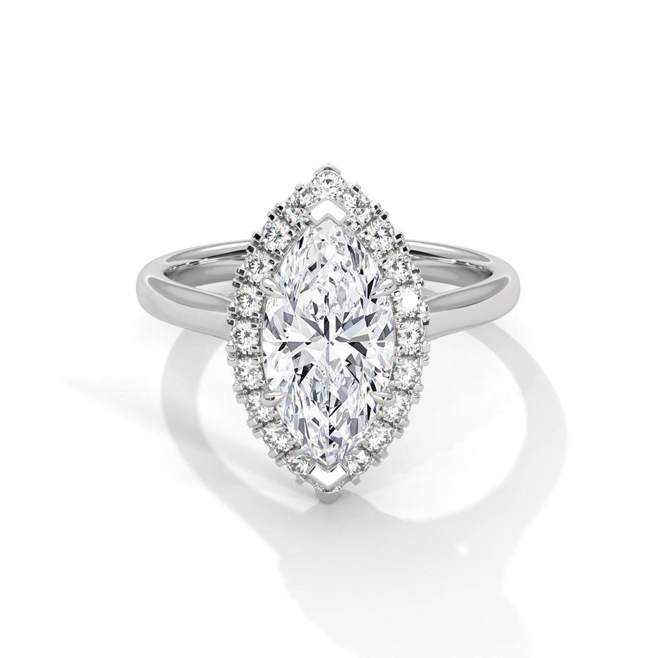 Marquise cut lab grown diamond halo solitaire ring in white gold