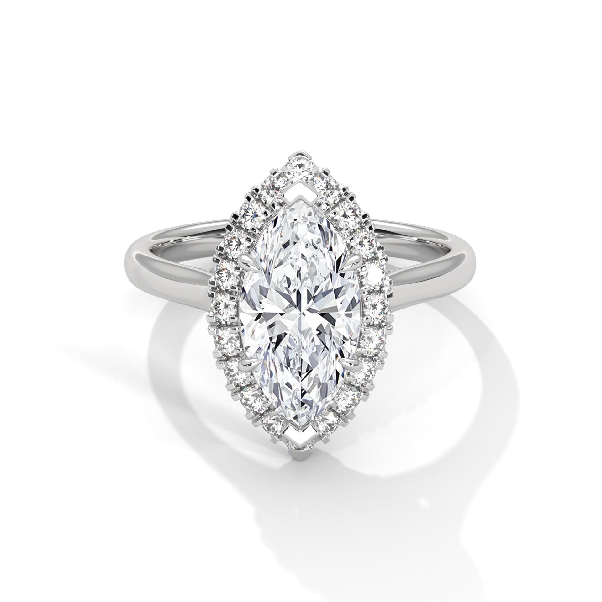 Marquise cut lab grown diamond halo solitaire ring in white gold