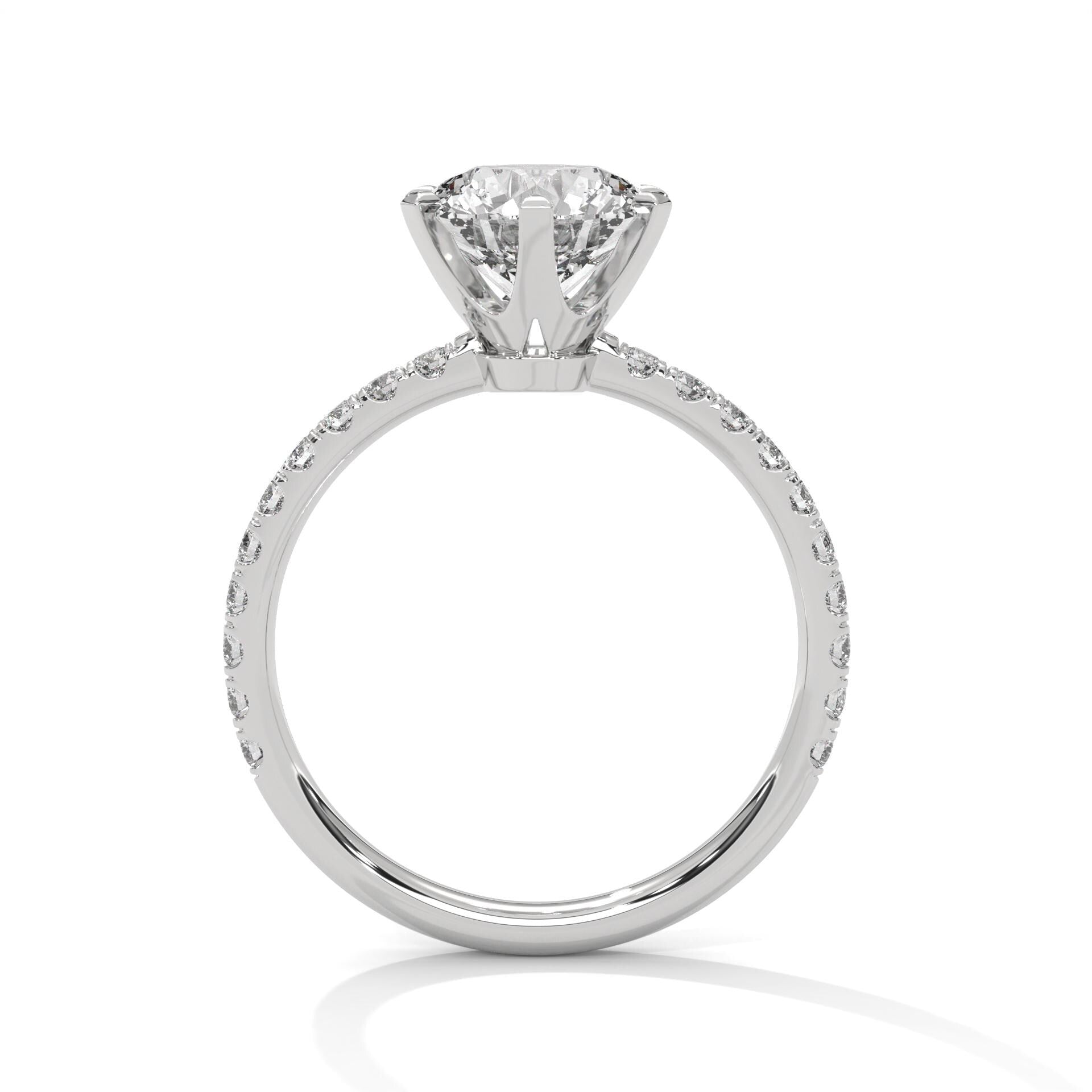 Side view of white gold round 6-prong ring showing elegant cathedral arches