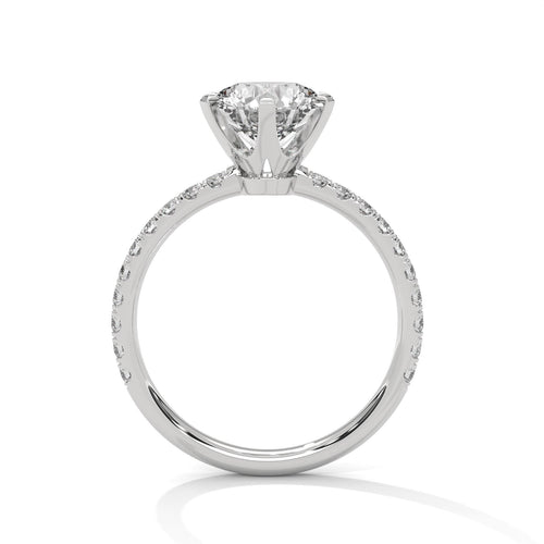 Side view of white gold round 6-prong ring showing elegant cathedral arches
